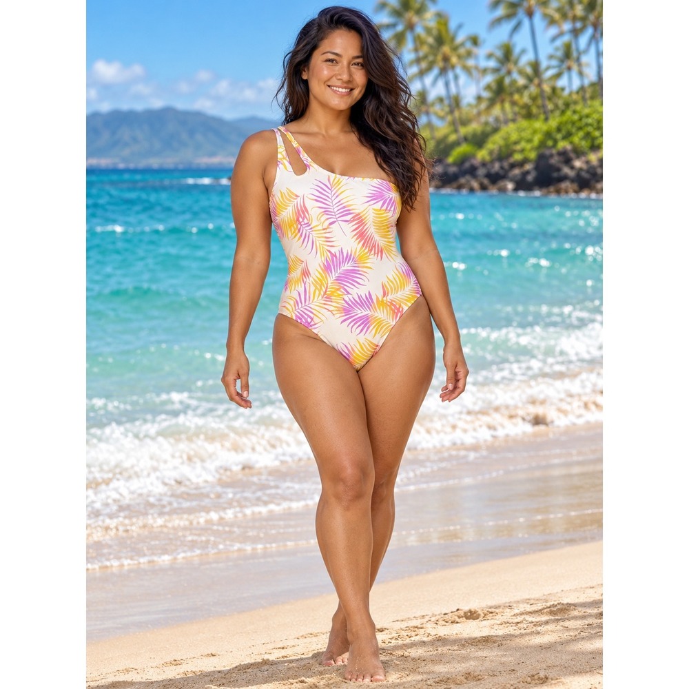 Rip Curl Palomino One Piece Swimsuit Tropical Palm One Shoulder Pink Med NEW